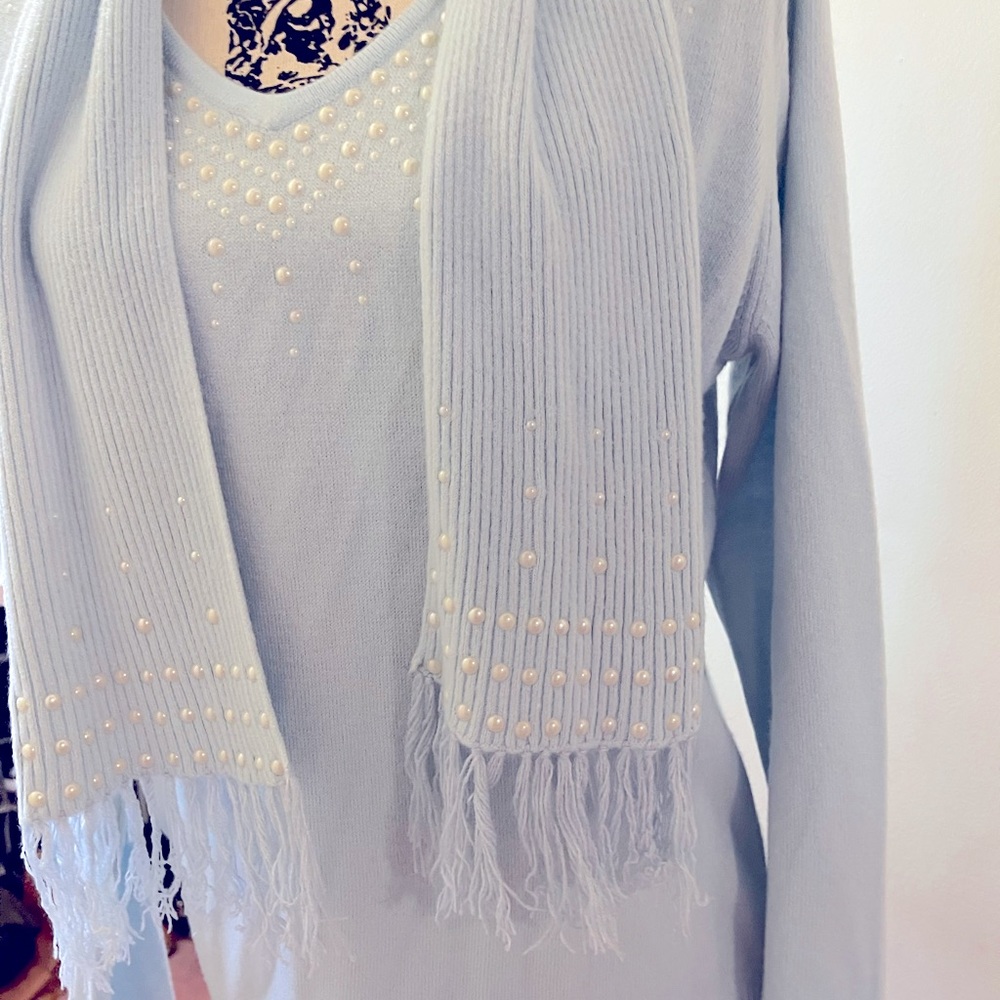 Karen Scott pearl sweater with a scarf